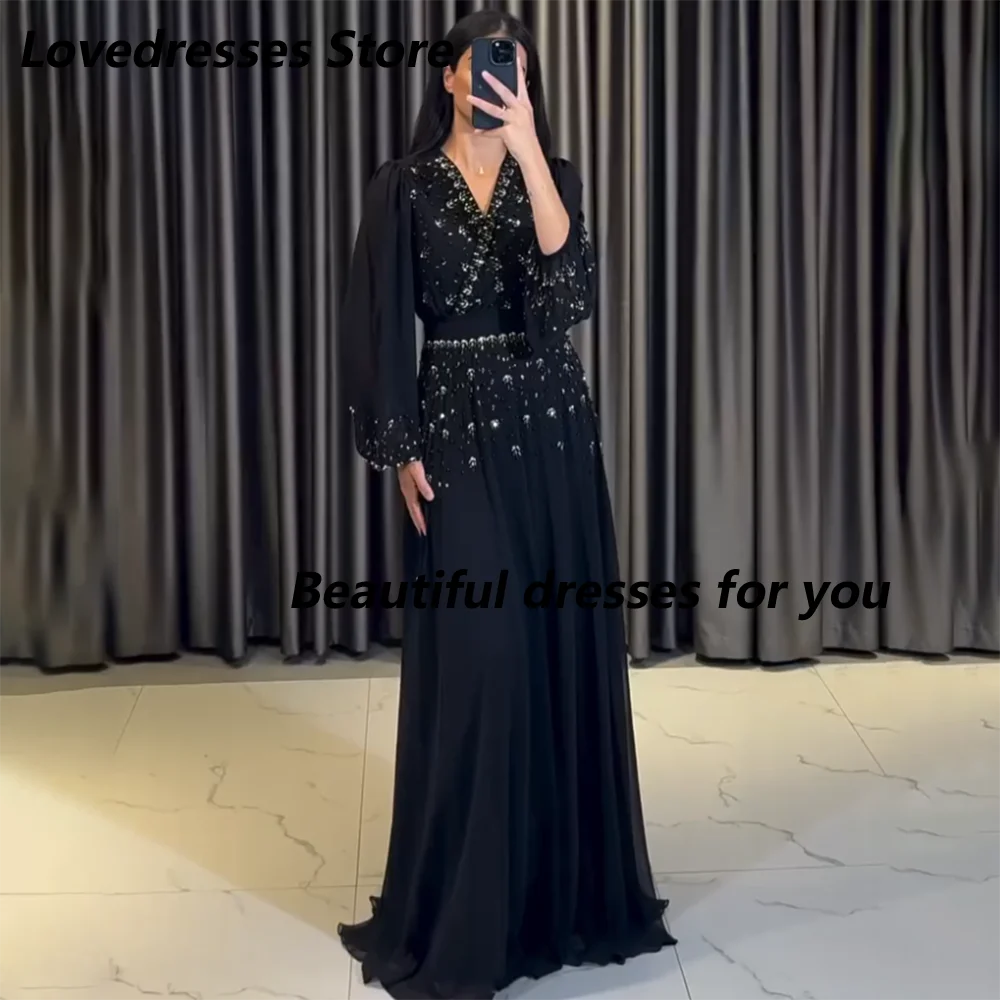 

Роскошное вечернее платье с v-образным вырезом и длинными рукавами из бисера и кристаллами, вечерние платья трапециевидной формы, черное платье длиной до пола, свадебное платье для гостей по индивидуальному заказу
