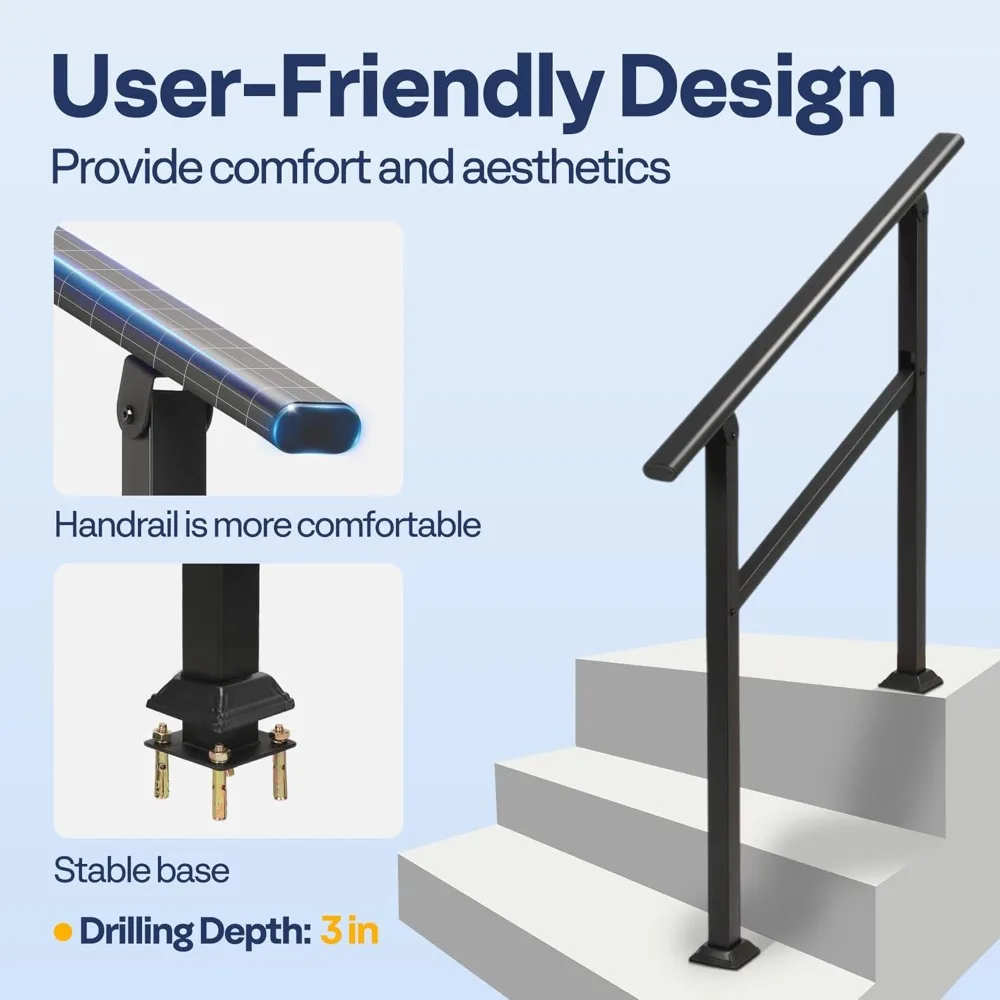 2-Pack 3 Step Hand Rails for Outdoor Steps, Wrought Iron Railing, Black Oval Exterior Hand Railing,or Indoor Stairs, Railing Kit