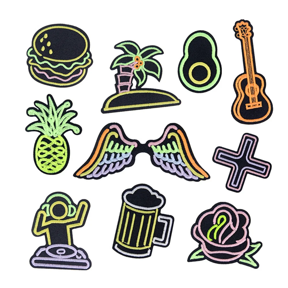 1PC New Night Glow Embroidered Patches For Clothing Sew On Hamburg avocado guitar wings pineapple DIY Handmade Clothes Accessory