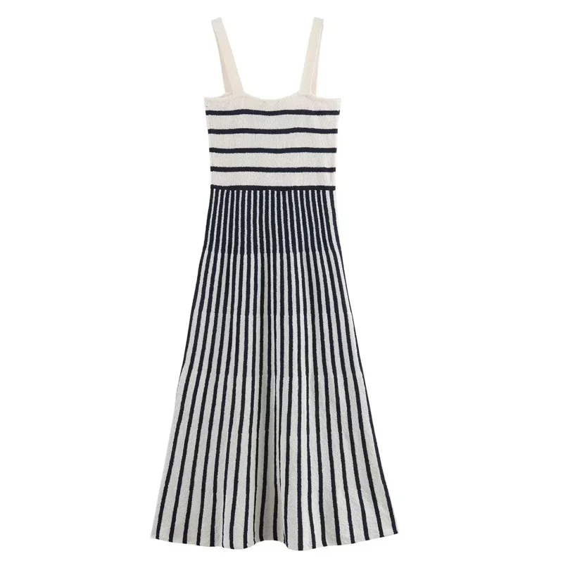 TRAF 2024 Women Dresses Sleeveless Knitted Stripe Dresses 2024 Women Summer Backless Slip Midi Dress Woman Elegant Party Dresses