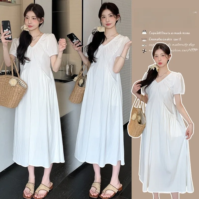 maternity-dress-summer-2025-v-neck-long-bubble-sleeve-fashion-design-slimming-gentle-women's-long-skirt-casual-elegant