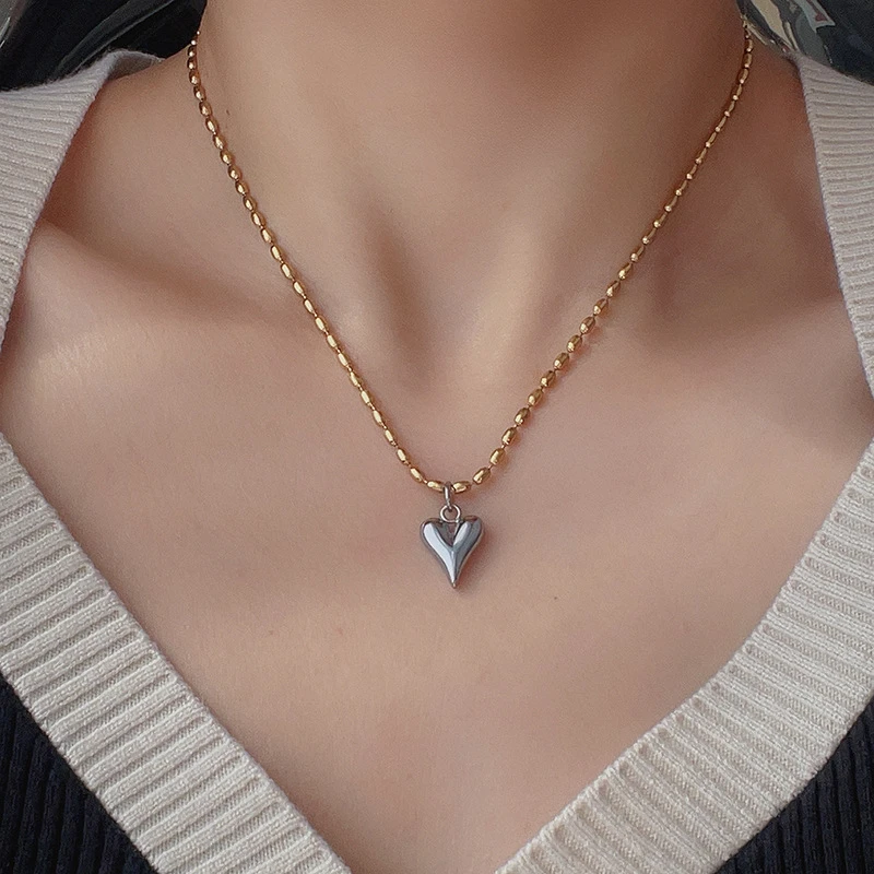 Kuziduocai Statement 100% Stainless Steel 2025 New Fashion Jewelry Heart Charm Rice Grain Shape Chain Choker Necklaces For Women