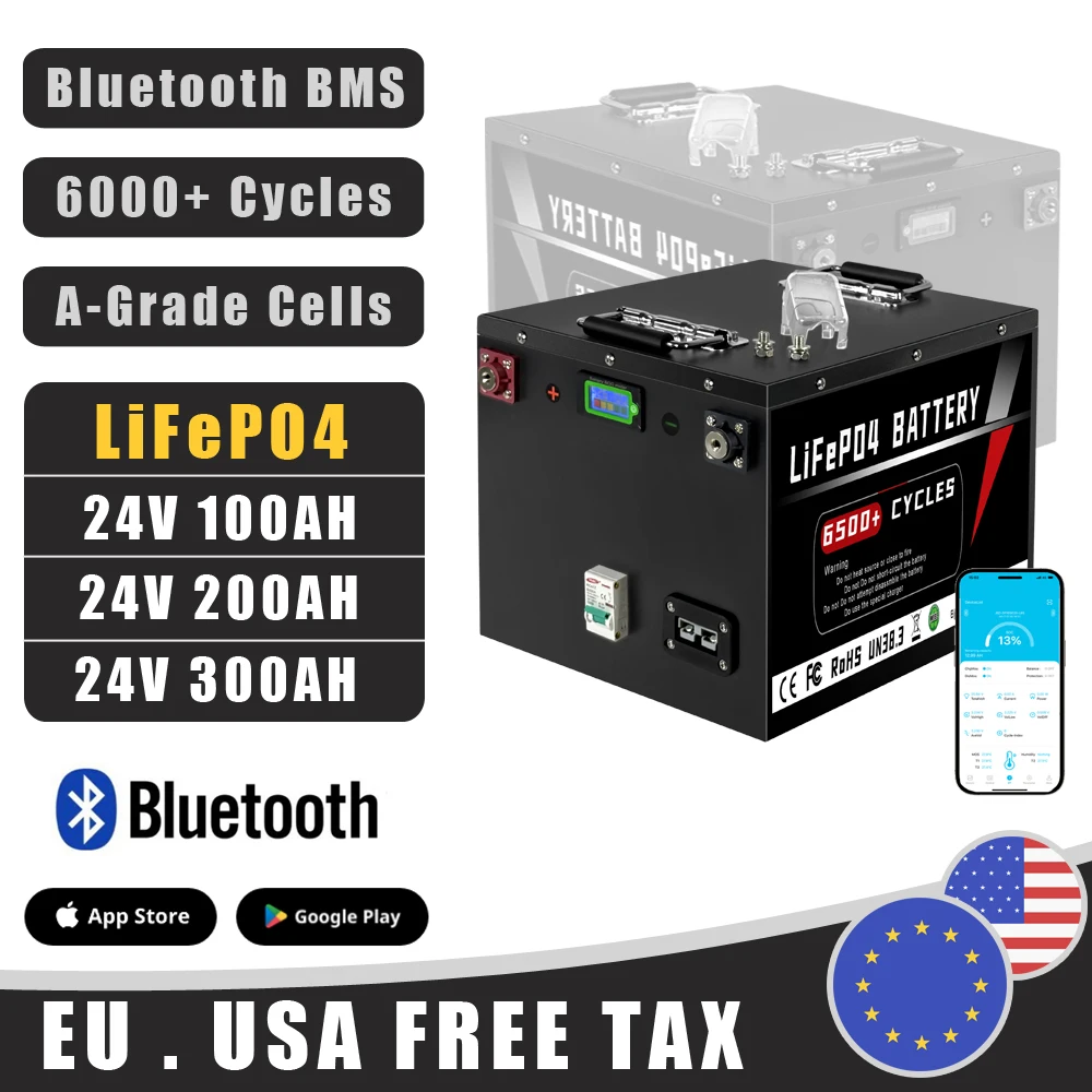 

24 В 100 Ач 200 Ач 300 Ач LiFePO4 аккумулятор встроенный Bluetooth BMS для солнечной бытовой инвертор для хранения RV лодка без налога