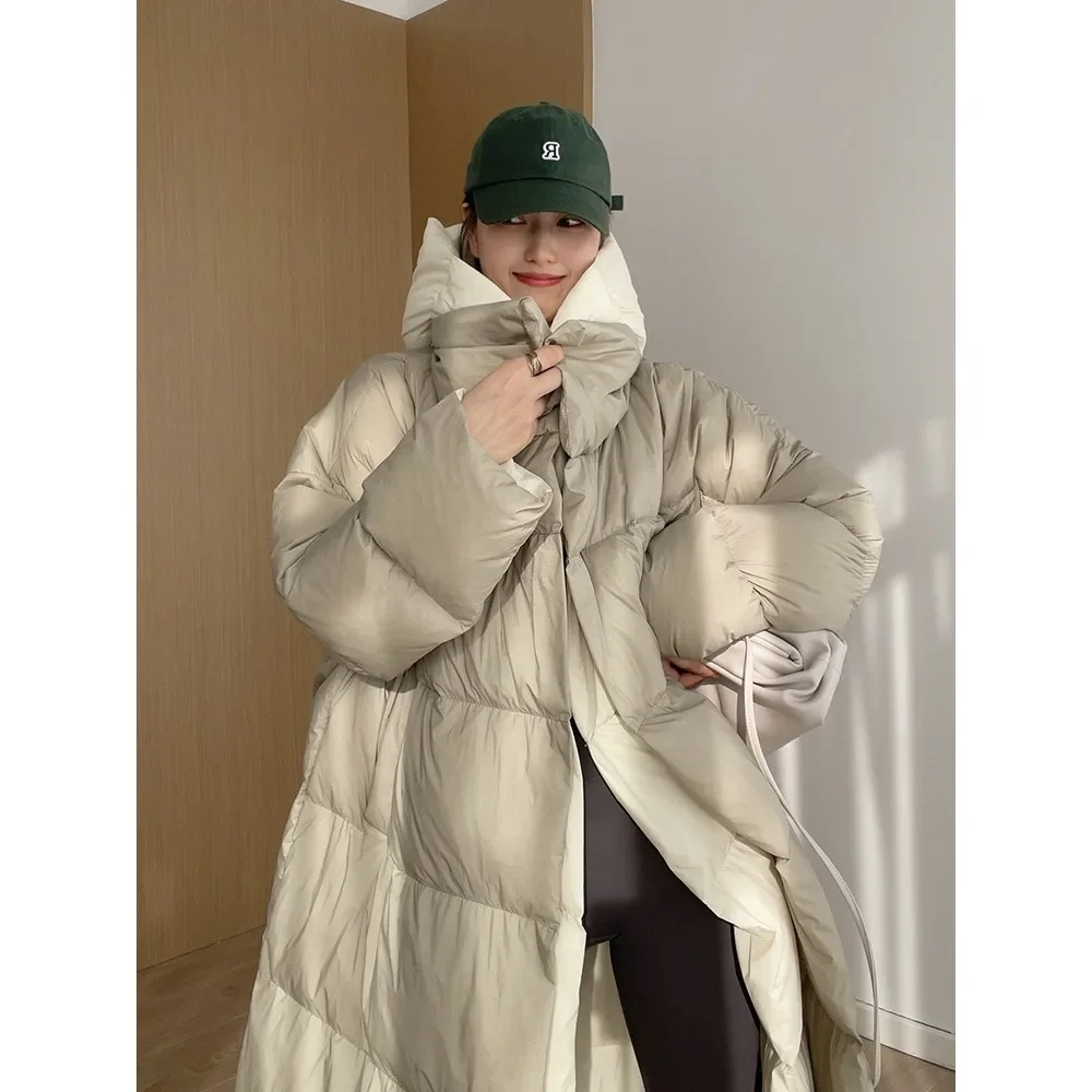 

Women Fluffy White Duck Down Jacket Winter Thickness Warm Long Puffer Coat Hooded Female Fashion Fake Two-piece Parkas
