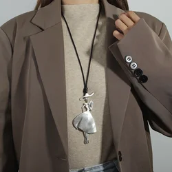 ALLYES Vintage Boho Long Leather Necklaces Elegant Matte Metal Women Pendant Necklace Sweater Chain Fall & Winter Jewelry