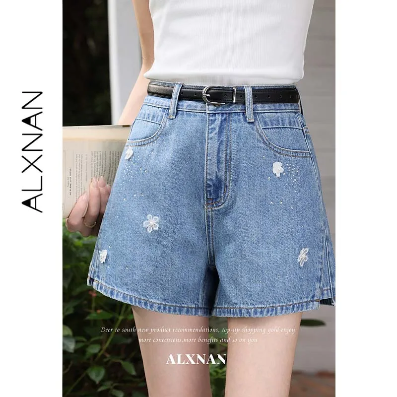 ALXNAN ハイウエストショーツ 3D 花パール象嵌デニムパンツブルーワイドレッグ女性夏スリムカジュアル女性ショートパンツ L66703 1