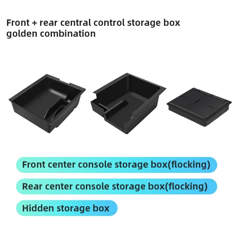 Accessory For Tesla Model Y 3 Hidden Storage Box Car Center Console Armrest Front/Rear Flocking Layered Grid Organized Container