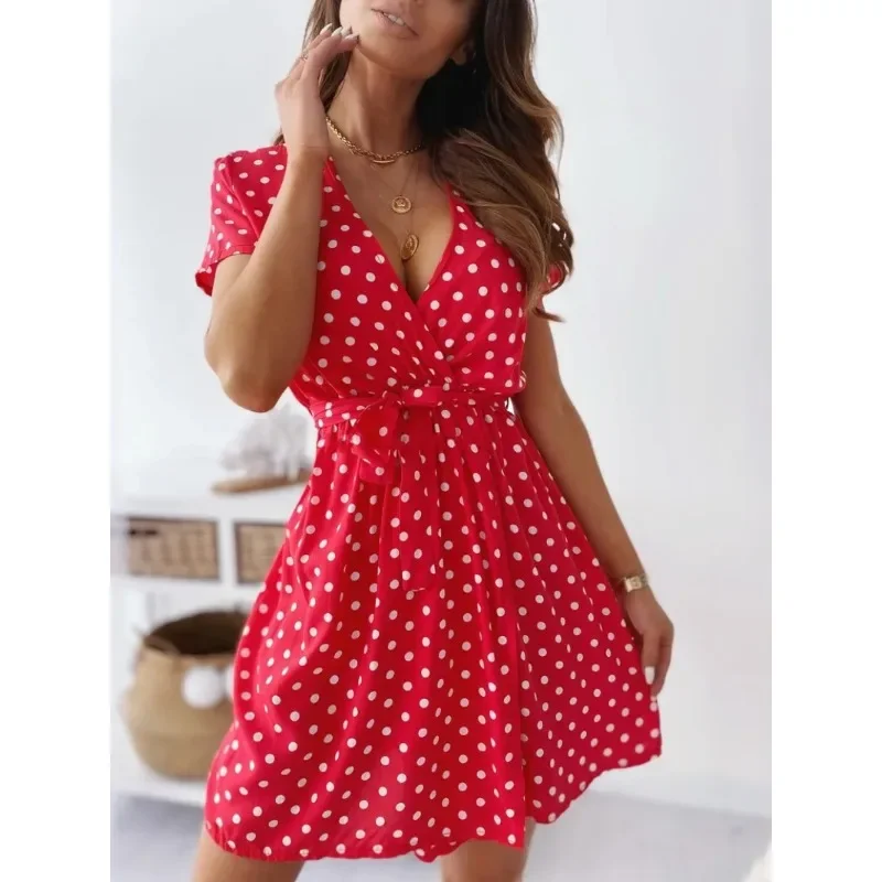 

Summer Women's Polka Dot Printed Short Sleeved Casual Dress Fashionable V-neck Belt Commuting Dress Holiday Party Women's Dress