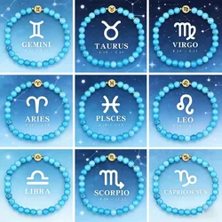 Natural Stone Turquoise Bracelet 6mm Stainless Steel 12 Zodiac Bracelet Scorpio Virgo Gemini Women Men Friendship Bracelets