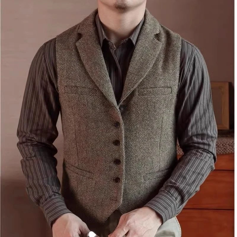 Men's Autumn Winter Wool Herringbone Tweed Vest British Retro Amekaji Style Plus Size Slim Fit Notch Lapel Waistcoat