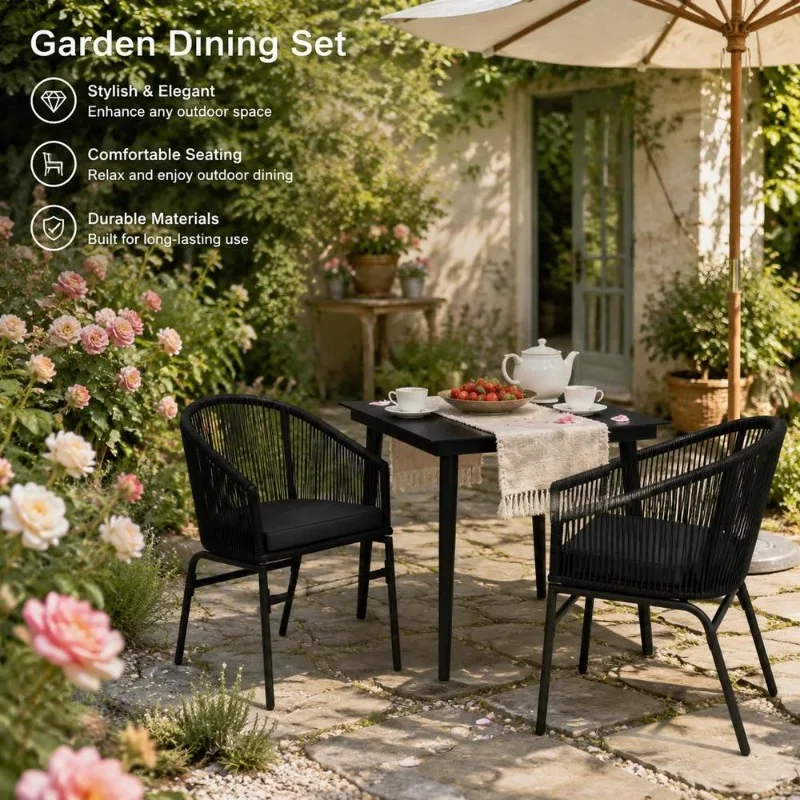 Ensemble repas de jardin 120 x 70 x 75 cm, structure en acier thermolaqué, plateau de table en verre lisse, chaises en rotin PVC avec coussins amovibles, mobilier d'extérieur moderne pour terrasse (sans chaise de pêche)