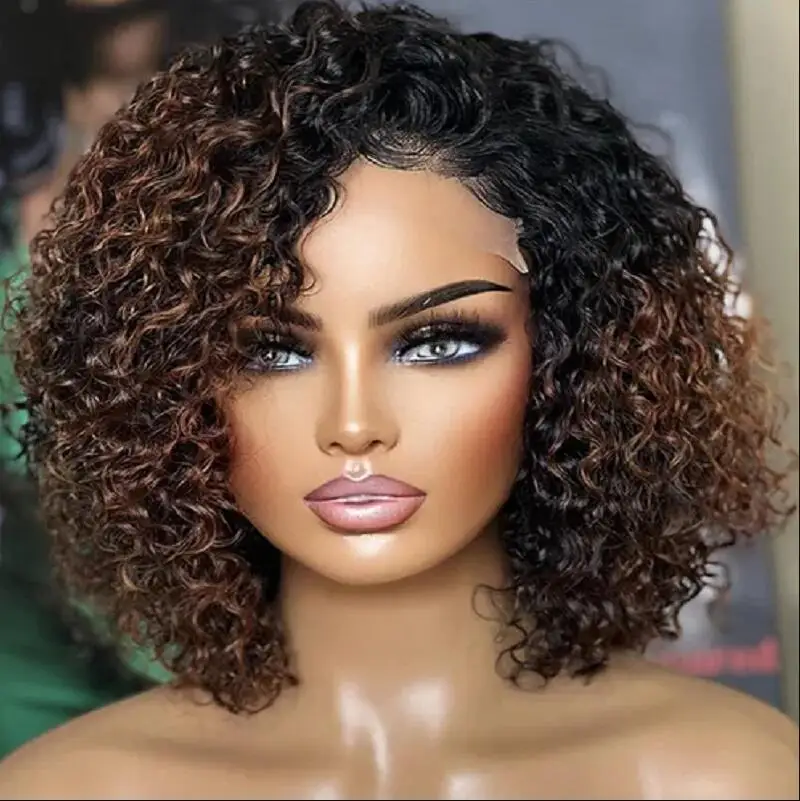 

180Density 16" Soft Short Bob Ombre Brown Kinky Curly Lace Front Wig For Black Women BabyHair Glueless Preplucked Heat Resistant