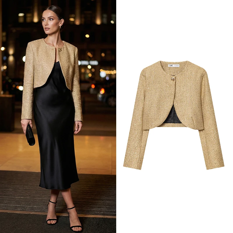 

Willshela женские модные с блестками золотые укороченные куртки на одной пуговице винтажные с круглым вырезом и длинными рукавами женские шикарные женские наряды