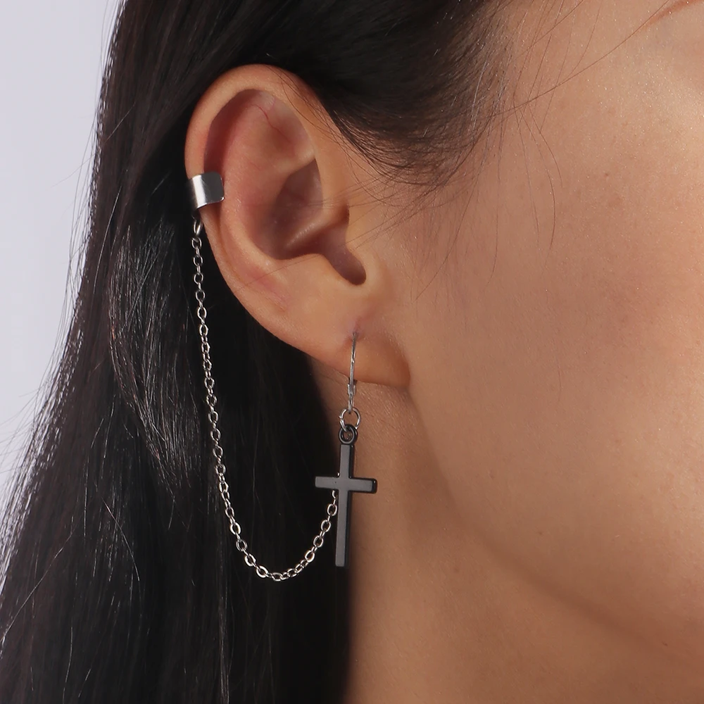 Aihua 1pc Punk schwarz Kreuz Quaste Ohrringe Frauen Clip Ohr stecker Christian Gothic Hip Hop Schmuck Metall kette Ohrring Ohrring – Detail 4