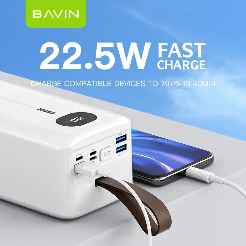 BAVIN Wholesale Portable Large Capacity 60000 mah Power Bank 22.5W Fast Charging powerbank with Flashlight and Cables pc030s