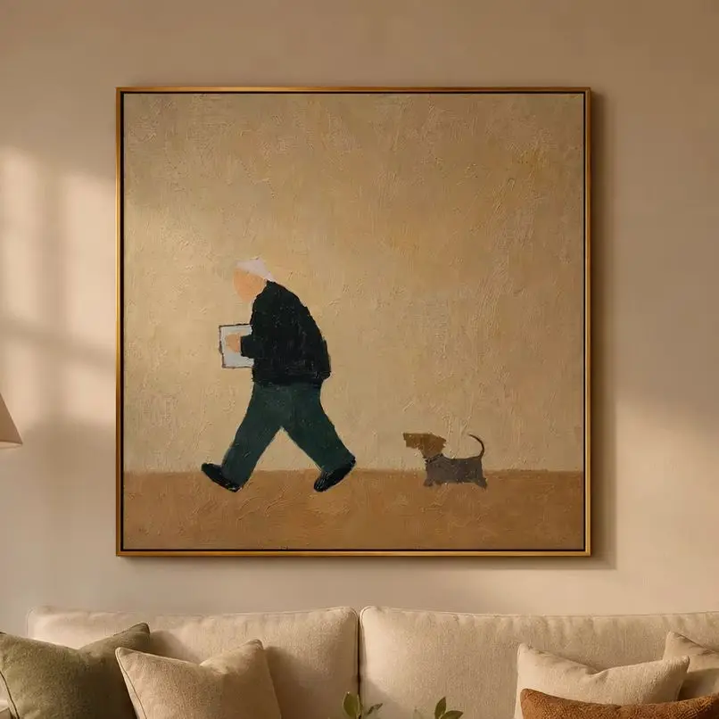 The Evening Reader – Quiet Beige Folk Man & Dog Portrait Painting | Minimalist Square Entryway Art for Bedroom, Living Room
