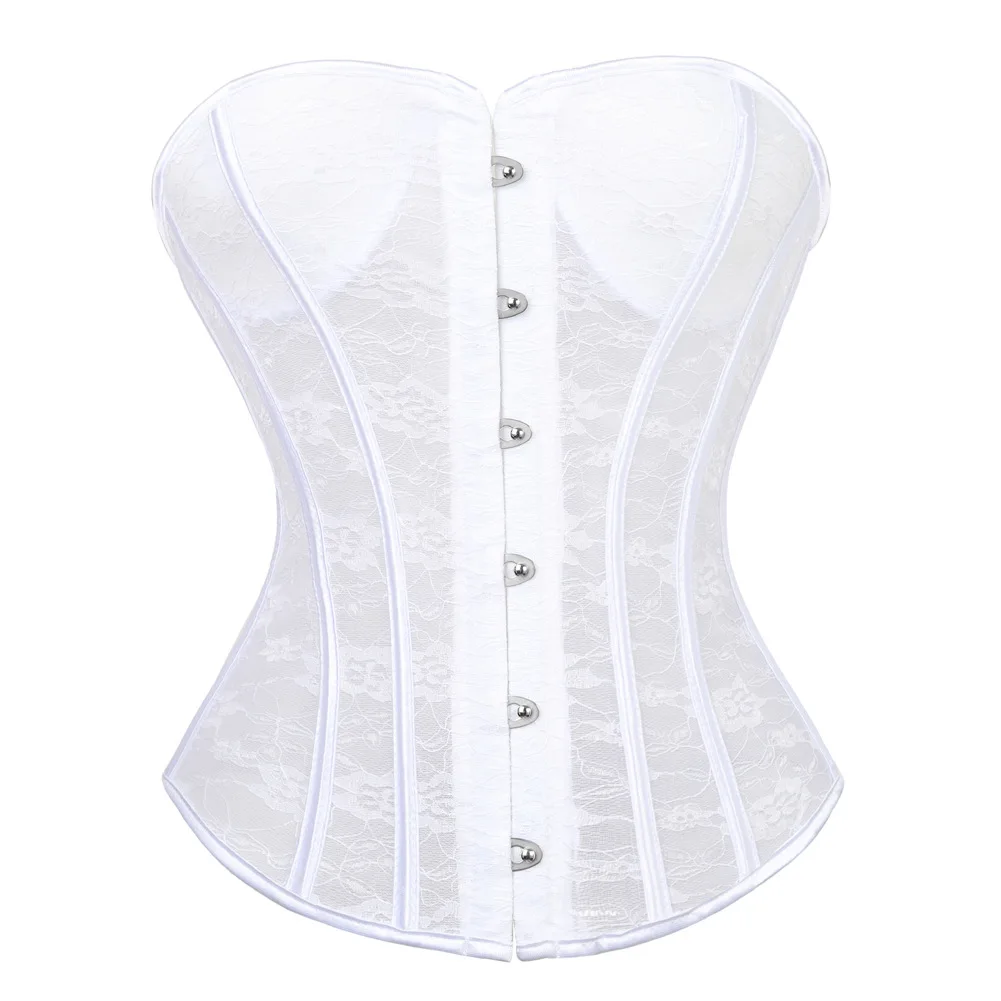 Gothic Lace up Overbust Corset Top Black White Hollow Out Mesh Sexy Waist Trainer Bustier