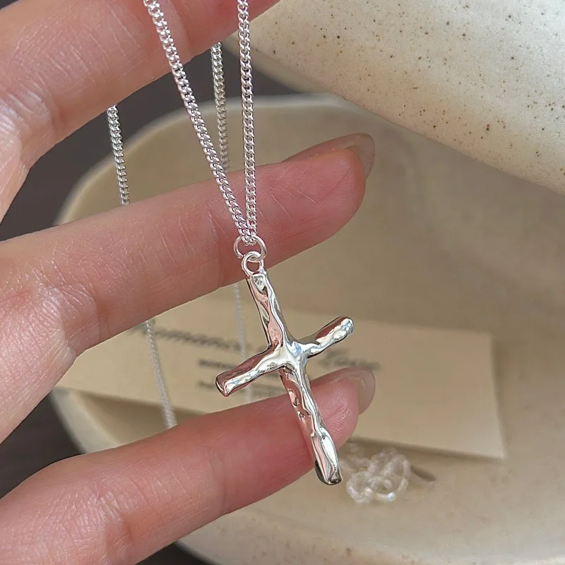 S925 Sterling Silver Cross Necklace Retro Korean Style Minimalist Basic Dainty Clavicle Chain Fashion Jewelry For Women