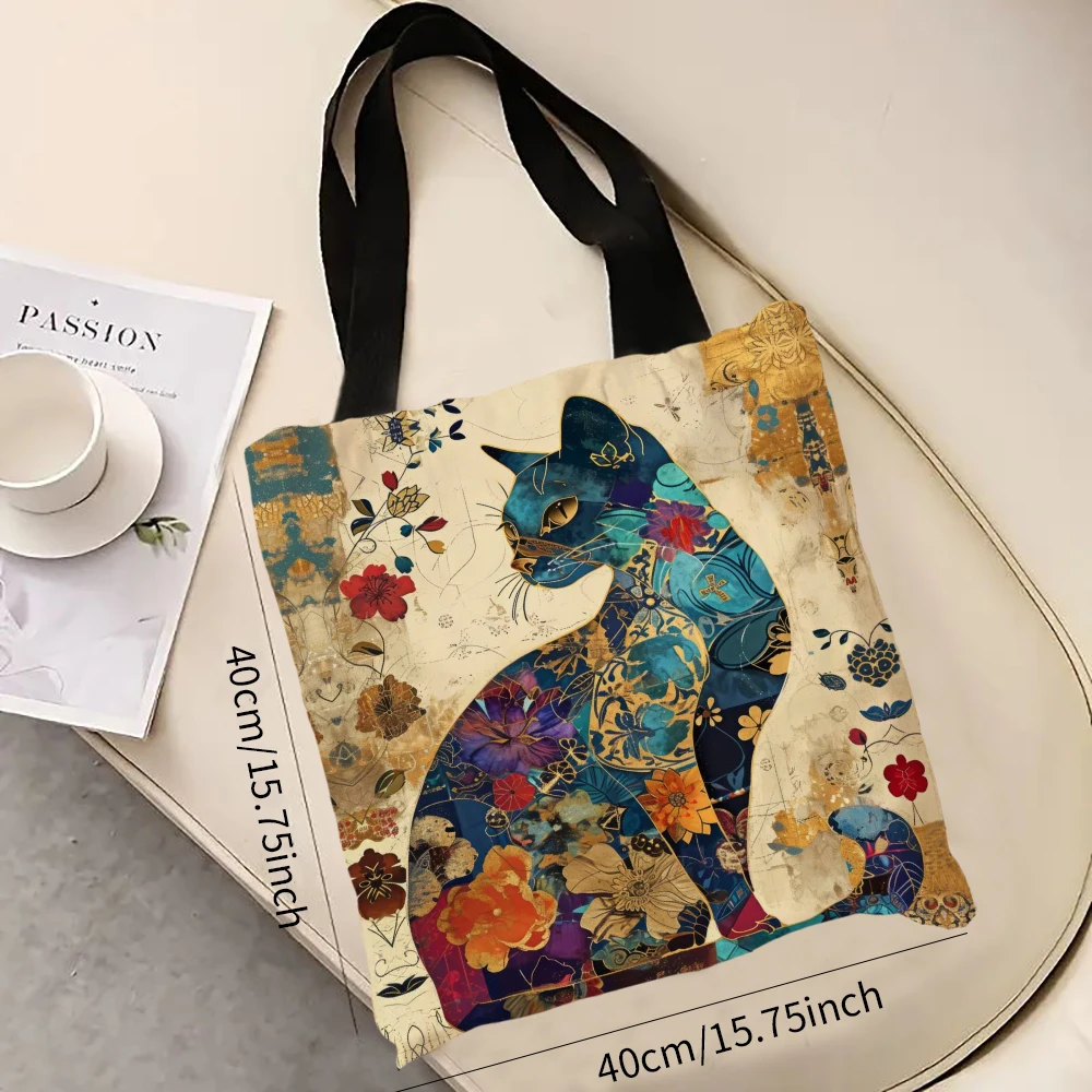 Cat Floral Design Handbag Retro Pattern Decorative Tote Bag Daily Casual Use Shoulder Bag, Large Capacity Practical Shopping Bag
