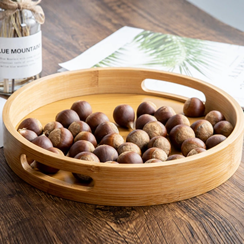 Bamboo Round Tea Tray Simple Wooden Storage Trays Hotel Home Breakfast Dessert Food Serving Tray Kitchen Supplies