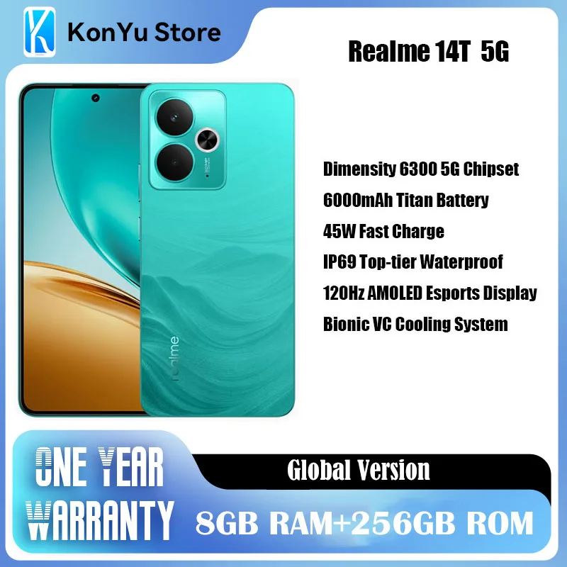 

realme 14T 5G Smartphone Dimensity 6300 5G Processor 6000mAh Battery 45W 6.67"120Hz AMOLED Display IP69 Waterproof 4G Cell phone