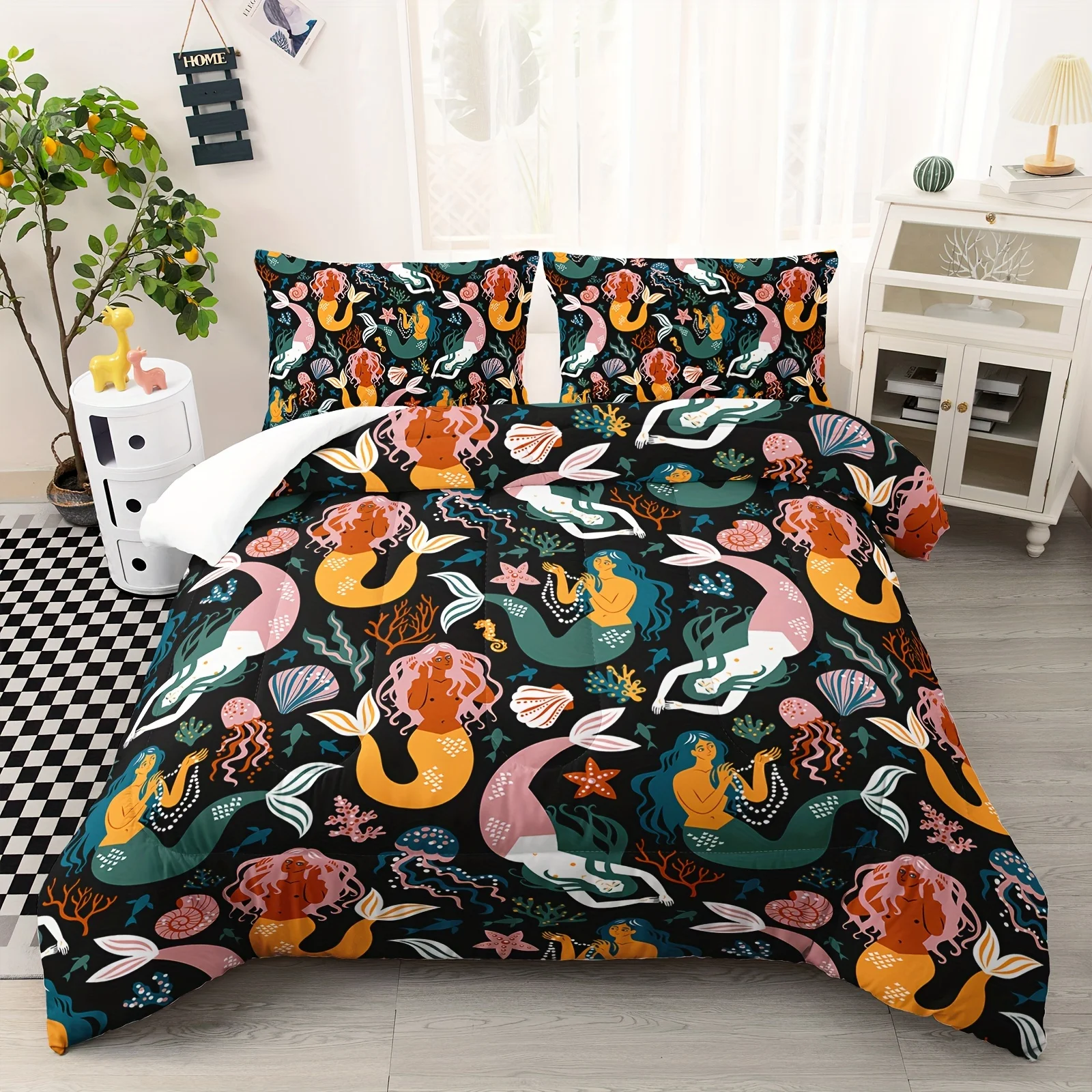 Mermaid Comforter Set, 3pcs Mermaid Bedding Set, 3D Colorful Mermaid Bedding Set, Bedroom Decor Quilt Set 2 Pillowcases