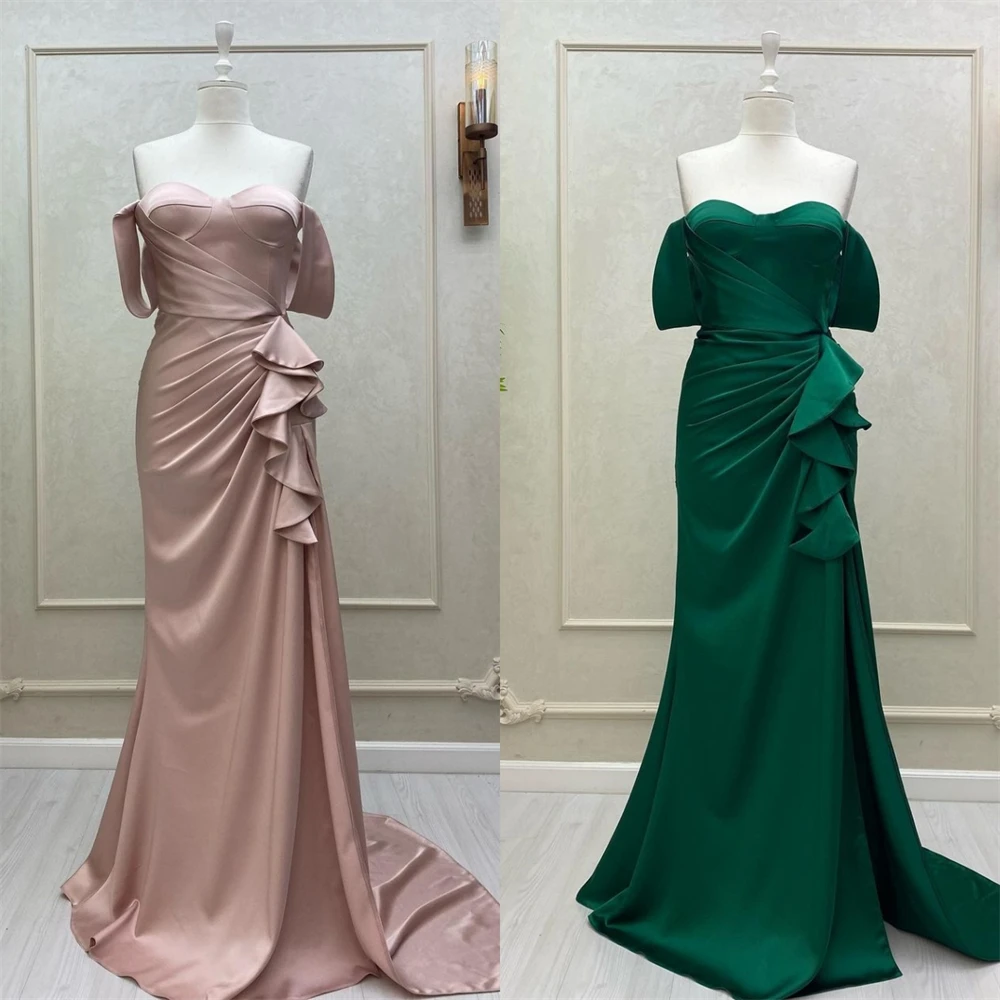 Robe de Soirée en Satin Froncée Personnalisée, Ligne A, Épaules Dénudées, sur Mesure, pour Occasions, Arabie Saoudite