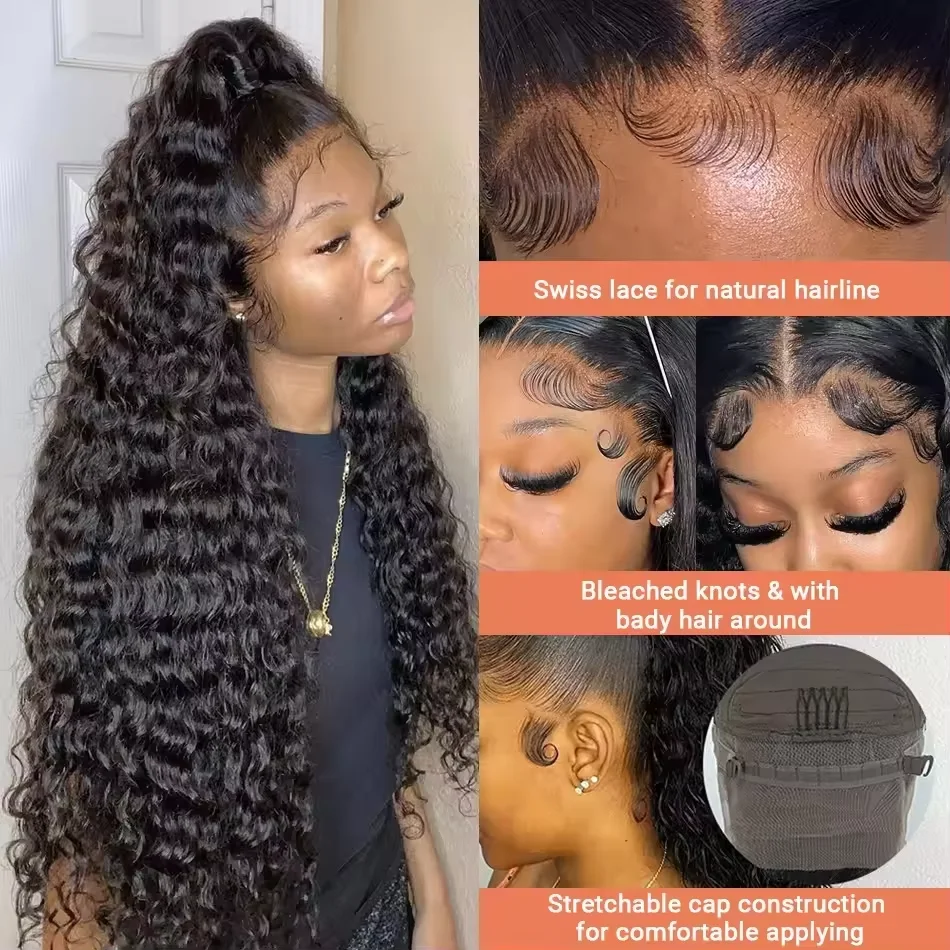 7x6 HD Transparent Deep Wave Human Hair Wig Brazilian Remy Natural Color Pre Plucked Natural Hairline Glueless Beginner Friendly Long Wigs For Women 40 46 Inches view 3