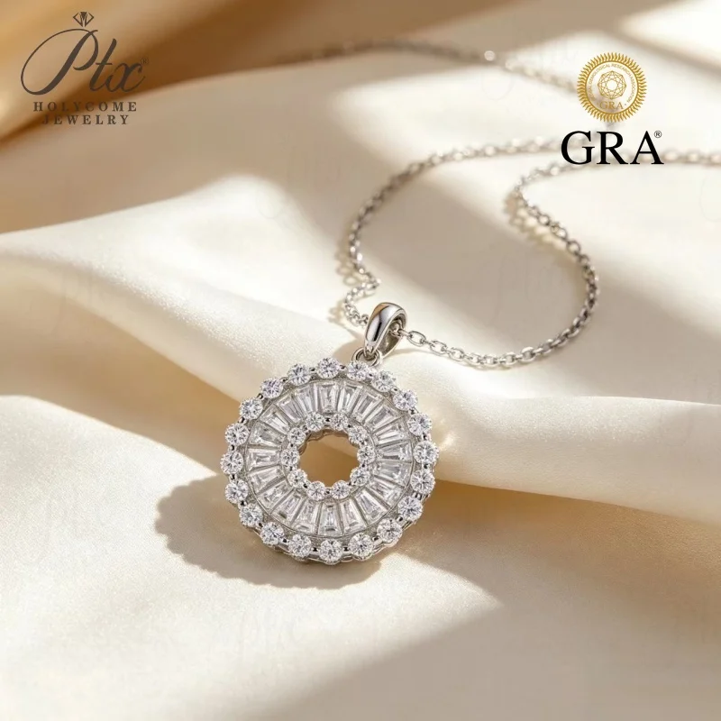 Moissanite Pendant Baguette Round Halo Circle Necklace S925 Sterling Silver Anti-Allergy Women Necklace Daily Commute Jewelry