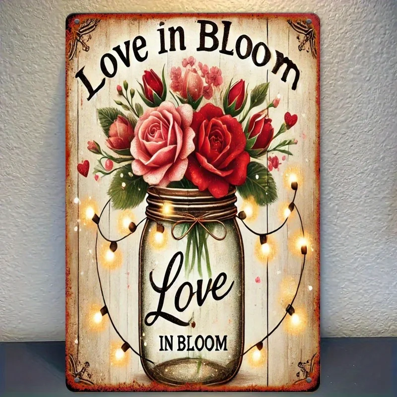 Charmante décoration murale en fer « Love in Bloom » – Design rustique avec bocal Mason et motifs floraux, avec lumières scintillantes, pour la fête des mères, la Saint-Valentin