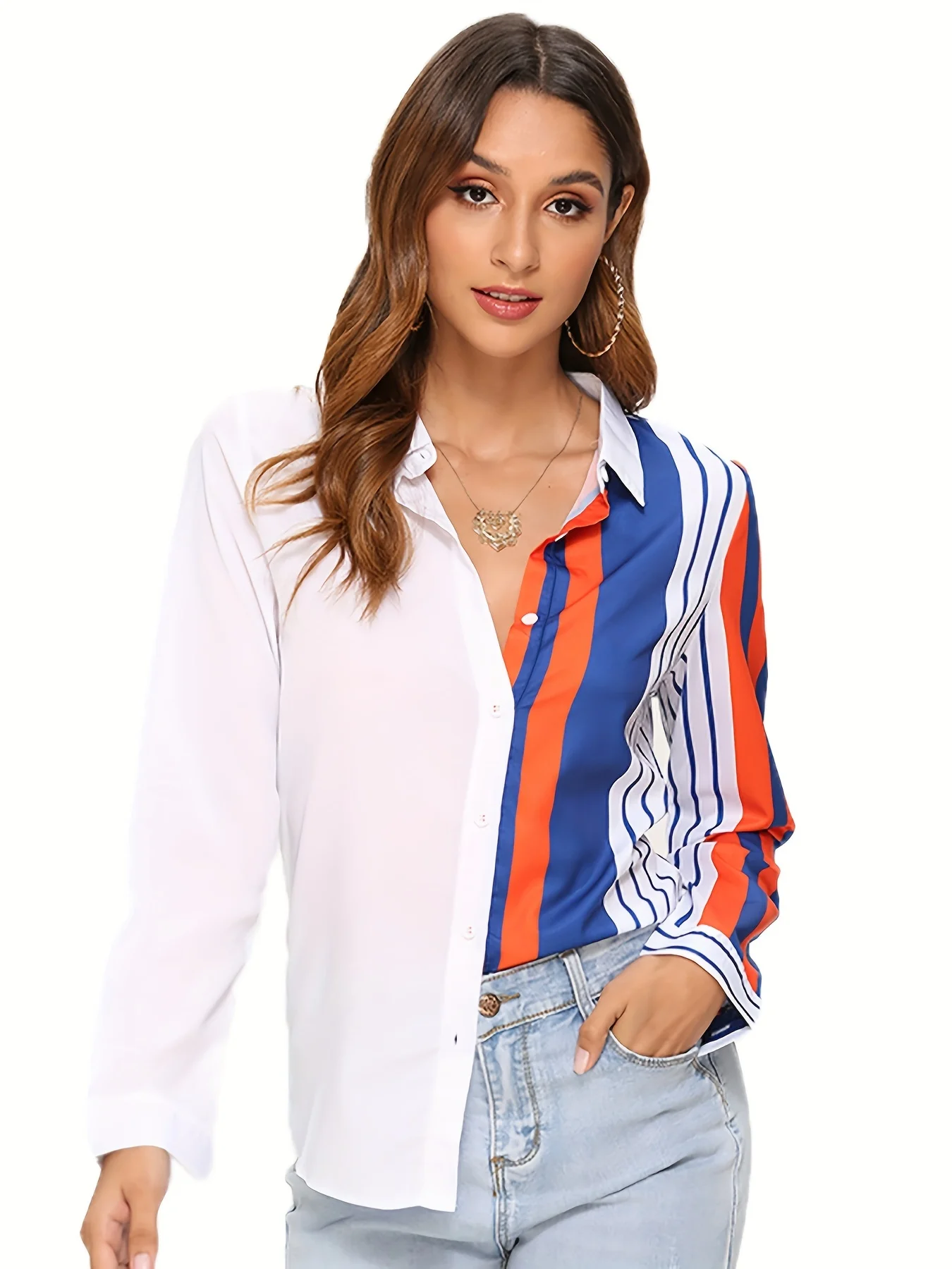 Women Fashion Striped Printed Blouses Shirts Casual Turn Down Collar Long Sleeve Shirt Ladies Single Breasted Tops