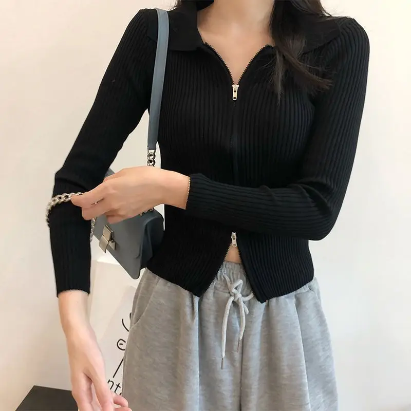 Slim Fit Short Knitted  Neck Open Cardigan Women's Thin Long Sleeve Early Autumn New Style Double Zipper Long Sleeve