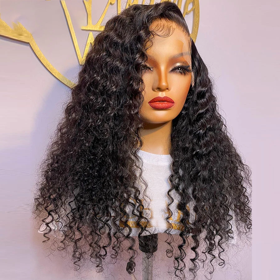 Натуральный Черный Длинный Кудрявый Вьющийся Бесклеевой Мягкий Парик 26 дюймов 180 Плотность Глубокий Парик Фронта Шнурка Для Женщин С Волосами Младенца Предварительно Сорванные Ежедневно