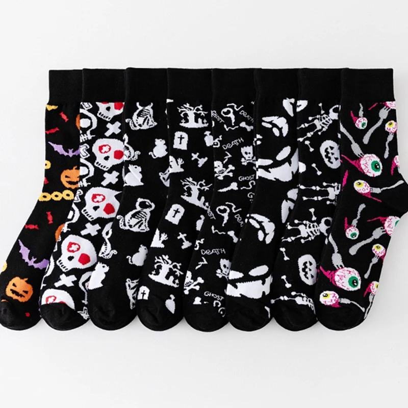 1/8 Paar Unisex-Halloween-bedruckte Mid-Tube-Socken, modischer Totenkopf-Kürbis, schweißabsorbierend, atmungsaktiv, für alle Jahreszeiten, Freizeitsocken – Detail 3