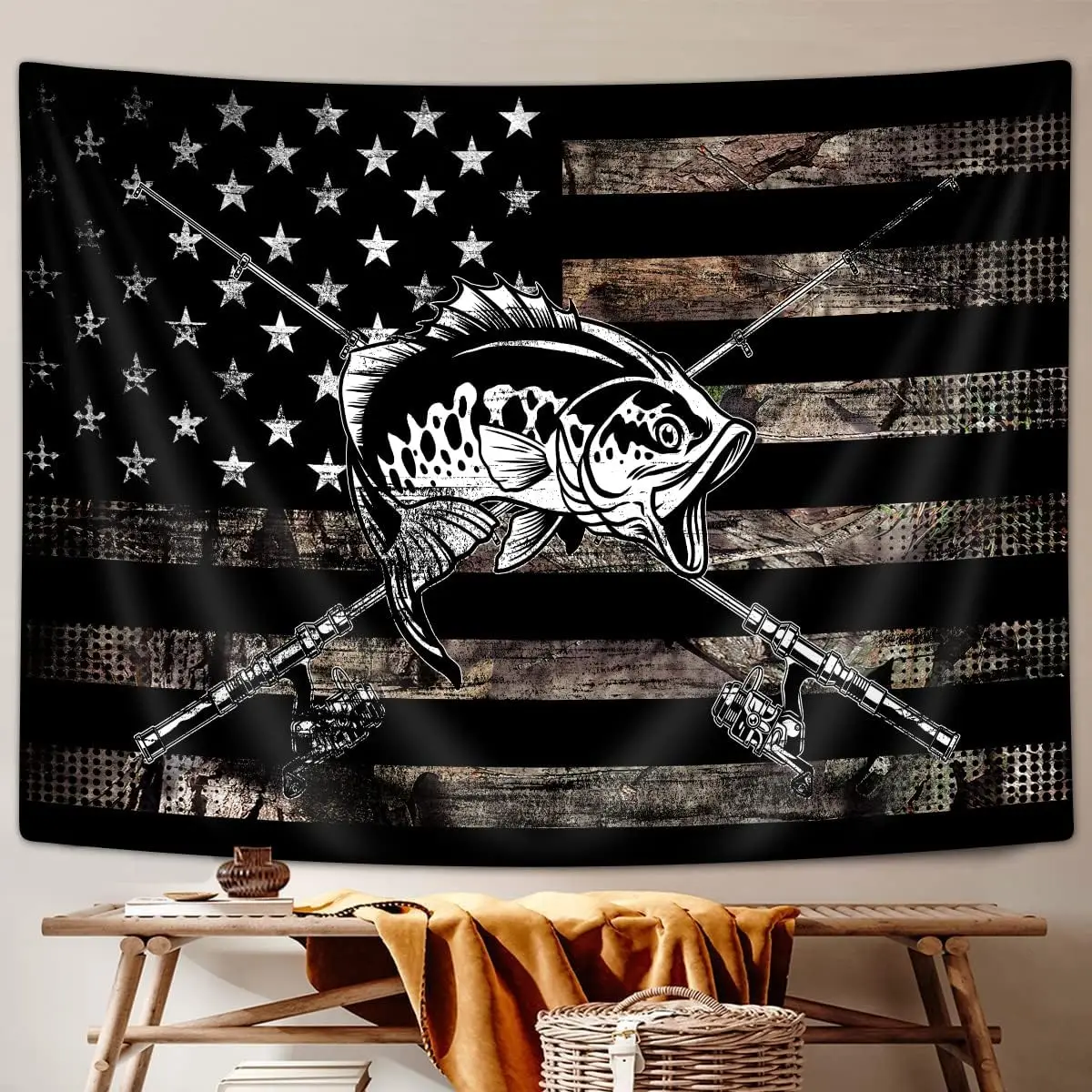 American Flag Fishing Camo Tapestry, Bass Fish Lake Wall Decor, Rustic Hunting Cabin Man Cave College Dorm Wall Banner