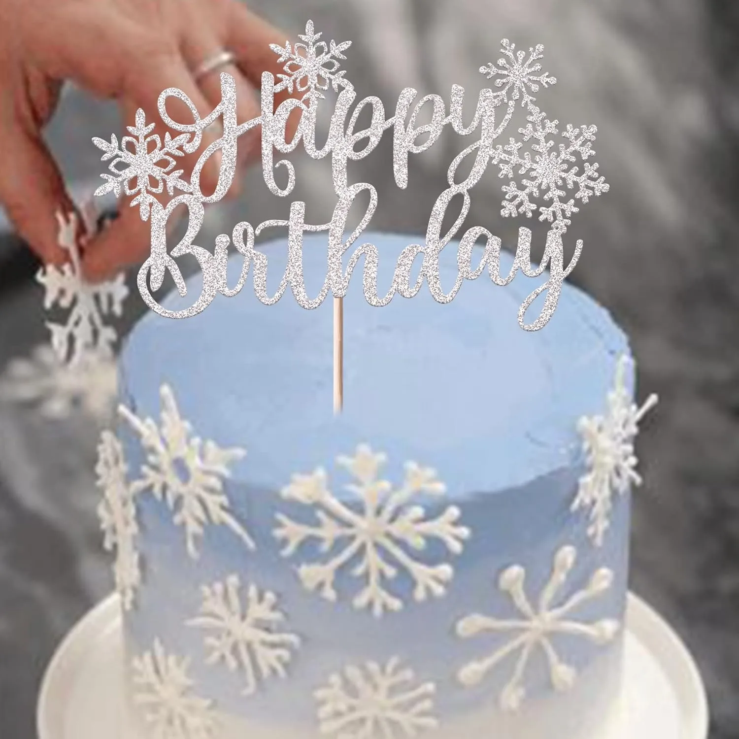 1 Packung Schneeflocken-Kuchenaufsatz „Happy Birthday“, glitzernd, für den Winter, gefrorenes Thema, Kuchendekorationen – Weihnachtsfeierzubehör, Silber – Detail 5