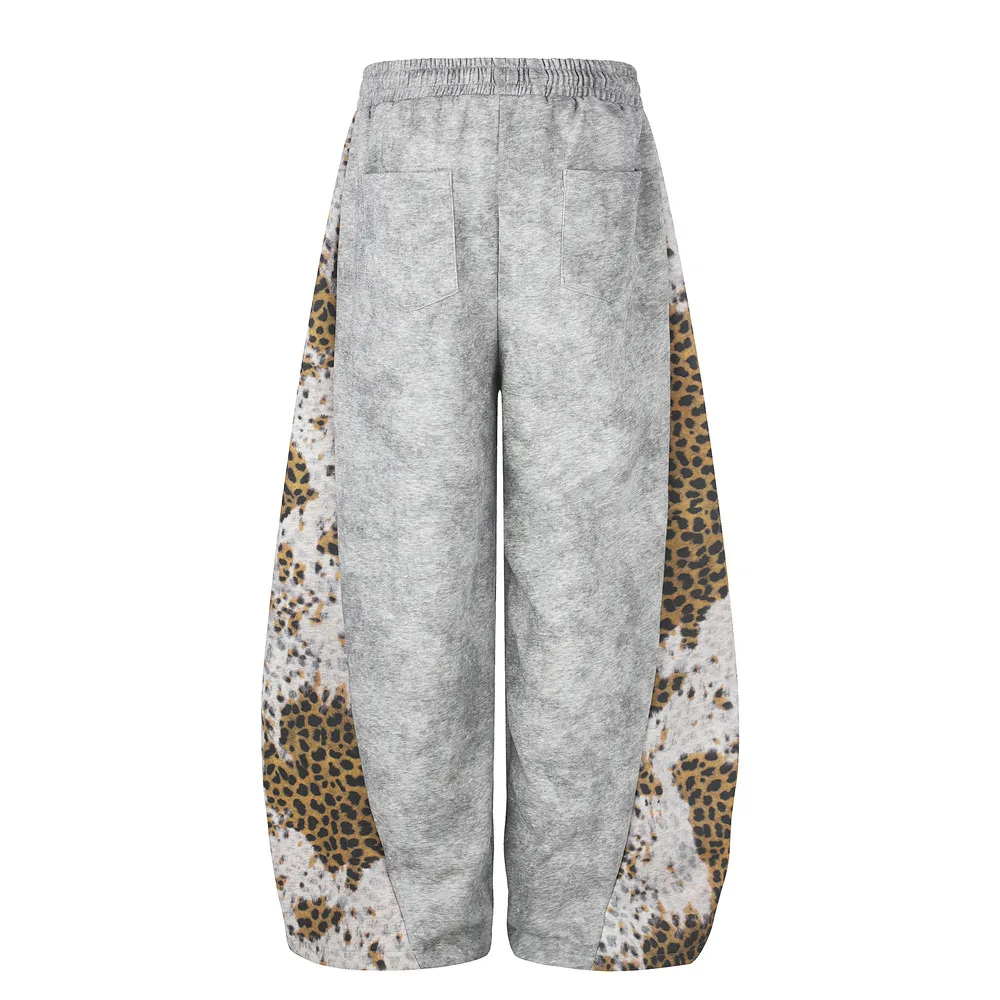 MWJLPWQ Heavy-Duty Tie-Dye Leopard Print Patchwork Curved Hem Men's Trousers Street Silhouette Niche Loose Wide-Leg Pants 6688
