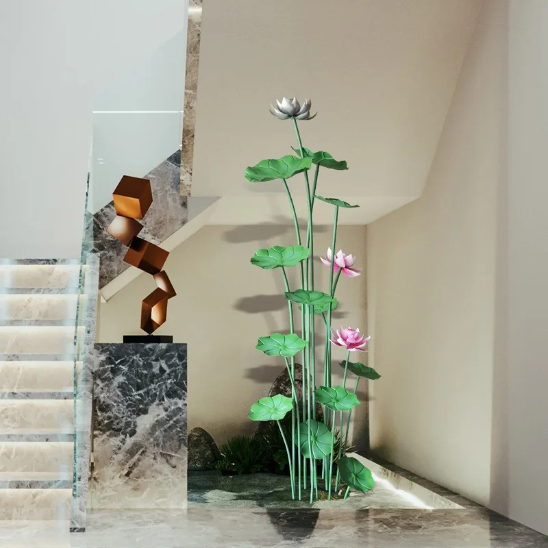 Garden pool, garden landscape lotus stainless steel ornament, creative floor lotus leaf water landscape tree combination