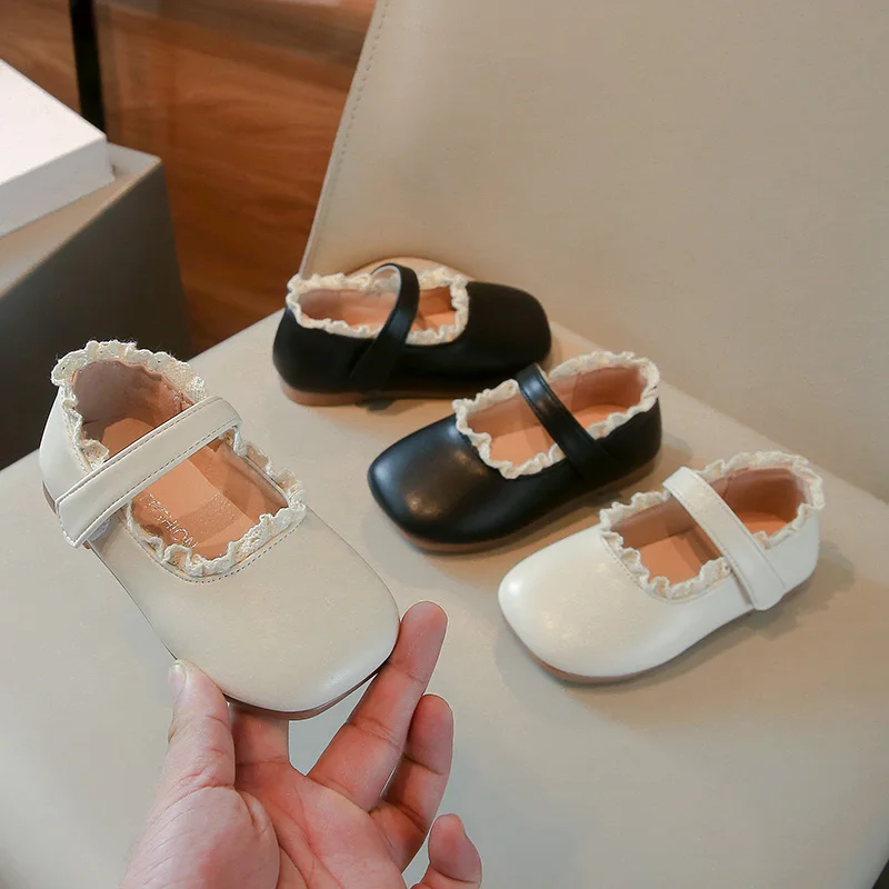 

Fashion Children Shoes Spring Simple Lace Edged Leather Shoes Versatile Girls Party Dresses Shoe Daily Soft Soled Casual Shoes