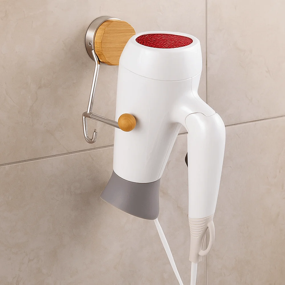 

Wall Mounted Hair Dryer Rack Space Saving Adjustable Stainless Steel Storage Rack Wood-Look Suction Cup Style