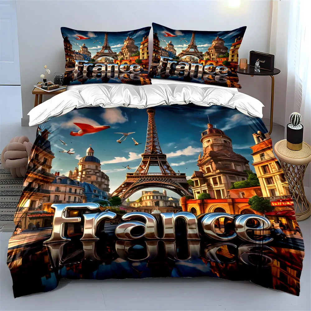 Eiffel Tower and French Streetscape Duvet Cover Set with 3D Printing Design Soft Polyester Bedding Set All-Season Comfort