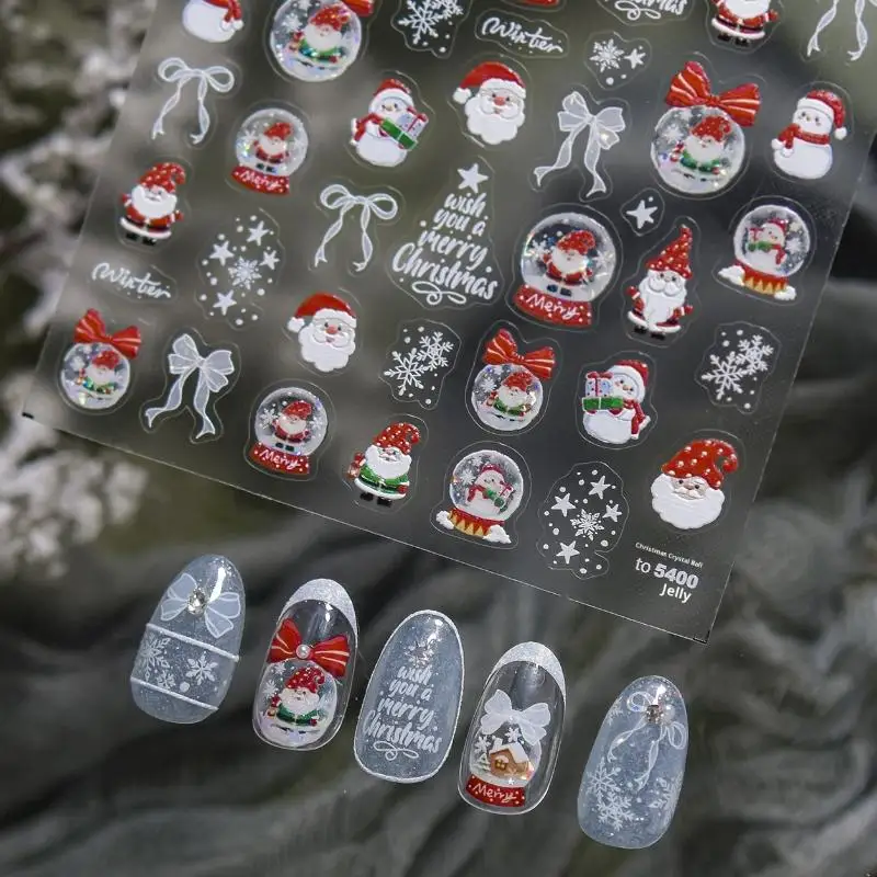 Autocollants de bonhomme de neige de noël pour Nail Art, autocollants d'hiver frais pour ongles, boule de cristal de neige blanche, autocollants d'ornement