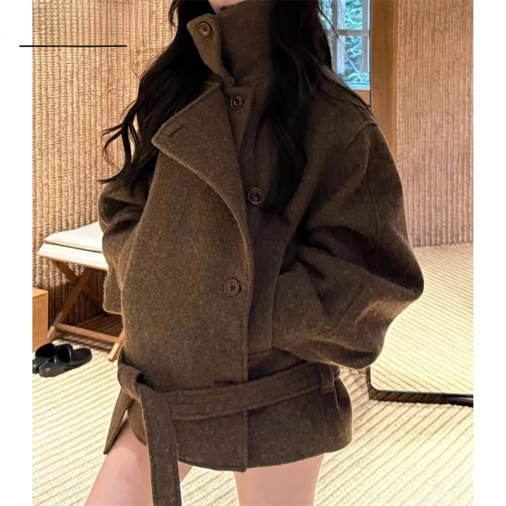

Шикарное двустороннее шерстяное пальто с высоким воротником, коричневое ретро-корейское женское пальто, повседневная универсальная верхняя одежда свободного покроя