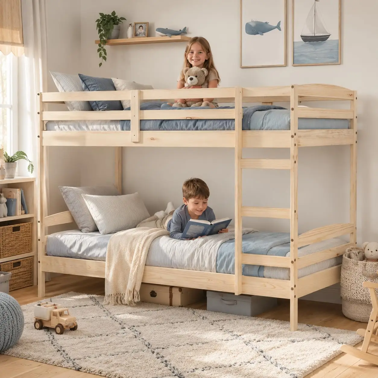 Solid Pine Wood Twin Bunk Bed with Safety Rails & Ladder, 220 lbs Capacity, ASTM Certified, Space-Saving, Customized