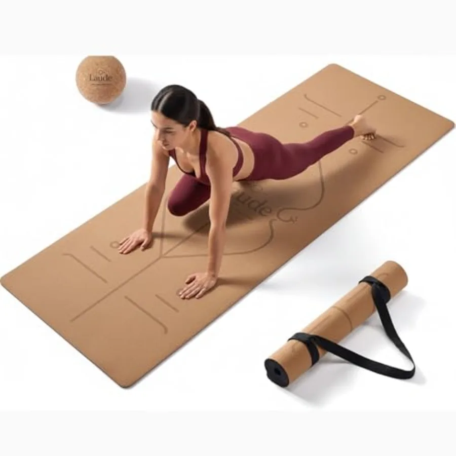 Yoga mat and ball set for yoga, pilates, workout; cork and rubber; natural brown; sustainable, non-slip, thick, sweat-resistant
