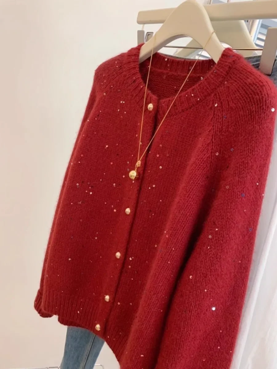 Red Sequined Cardigan Women Loose Knitted Sweaters Tender All-match Popular Autumn Winter Button-up Korean Style Design 2024