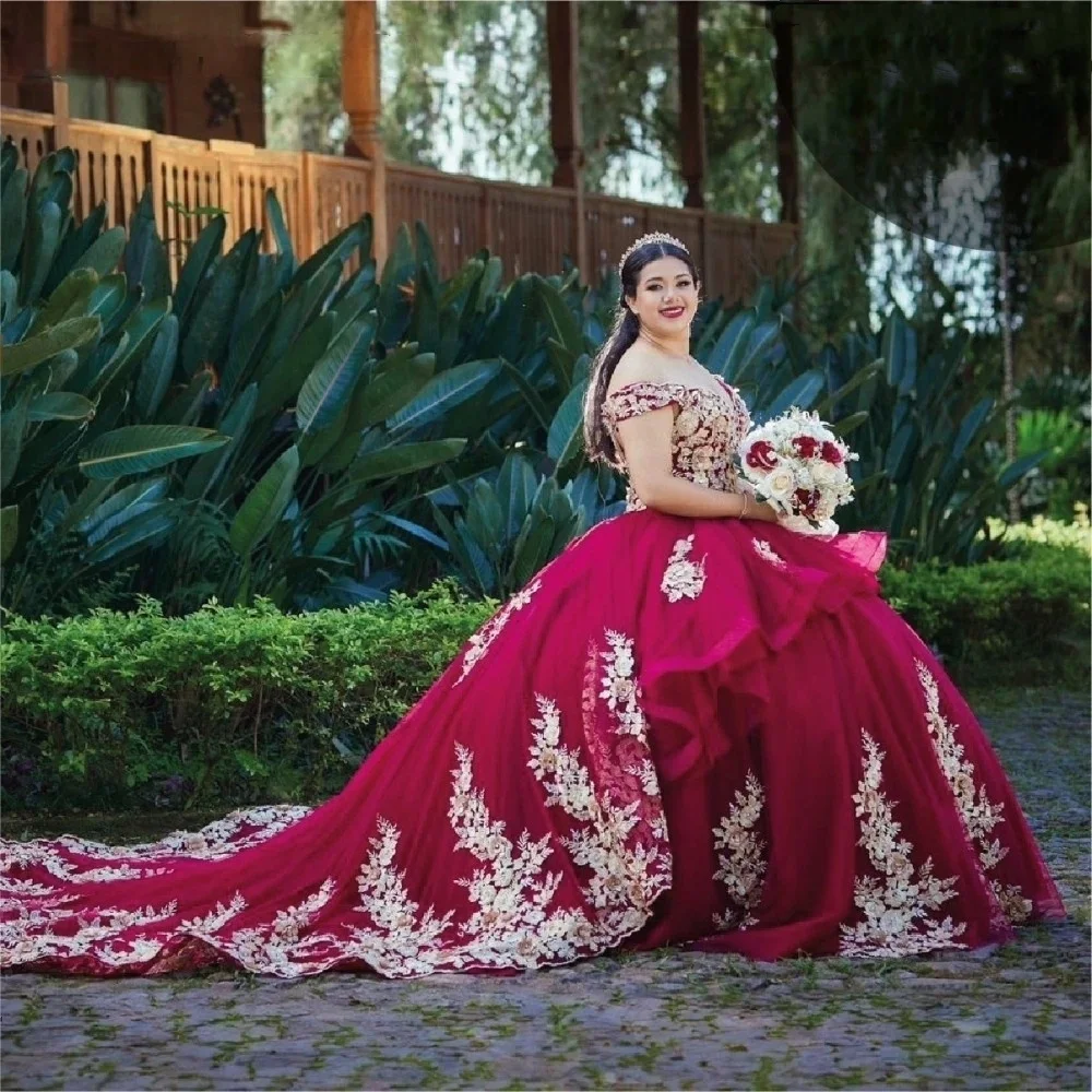 

2025 Luxurious Bury Quinceanera Dress Ball Gold Floral Lace Appliques Beading Tiered Sweet 16 Gown Vestido De 15 Anos Ruffle Off