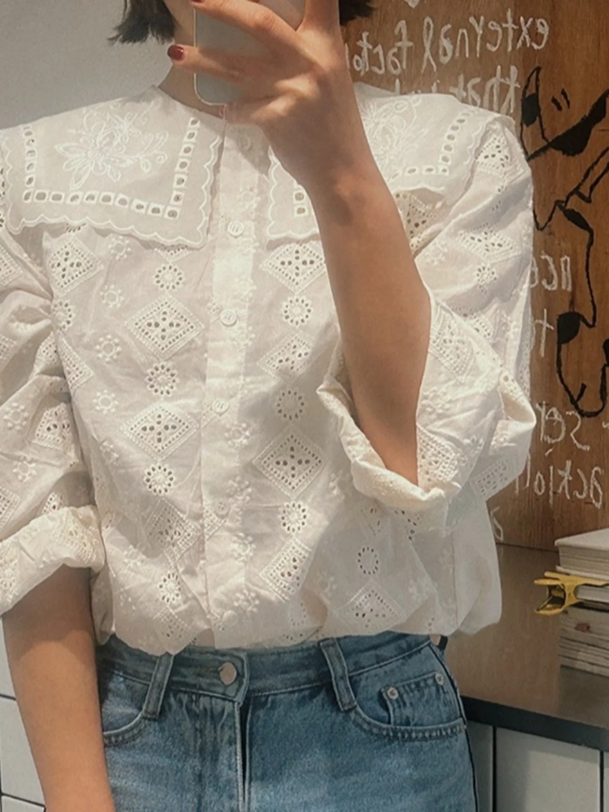 

Naval Collar Embroidered irt Women's Spring 2025 New Sle Beautiful Small Top Retro Versatile Age-Defng Korean Loose Fit