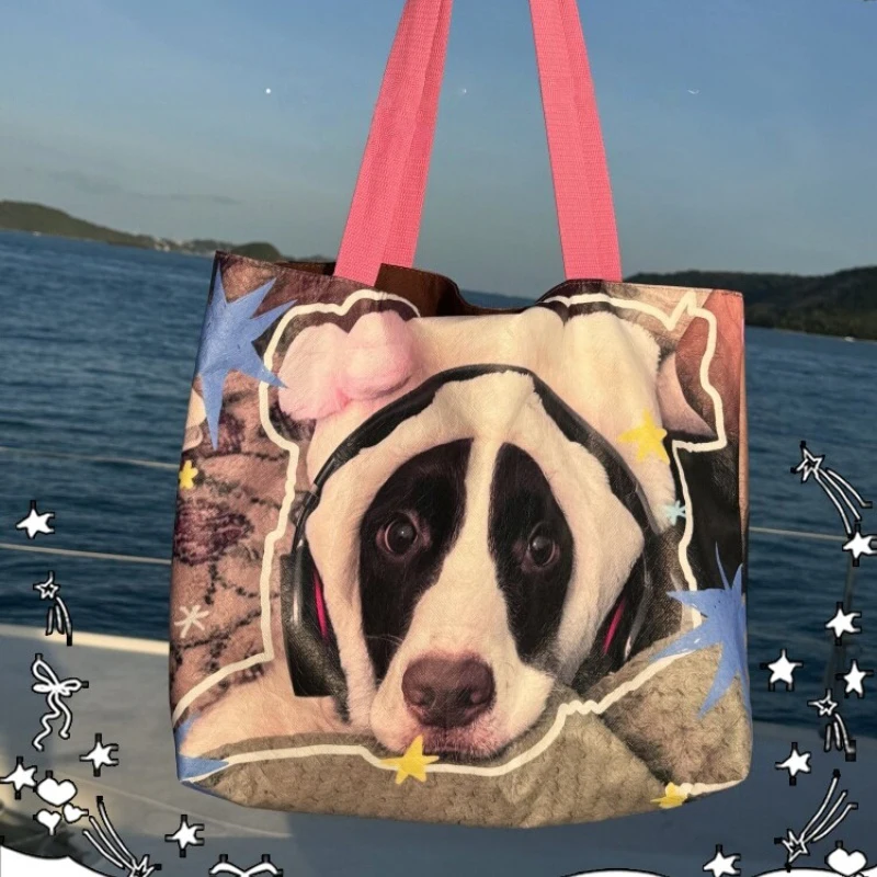 

Cute Dog Printed Shoulder Bag Waterproof Canvas Large Capacity Commuter Tote Bag Casual Versatile Supermarket Shopping Tote Bag