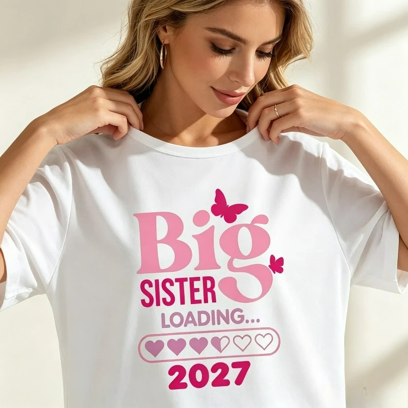 Big Sister Loading 2027 Women T‑Shirt Butterfly Heart Print Modal Soft Tee for Baby Shower Family Holiday Daily Casual Wear